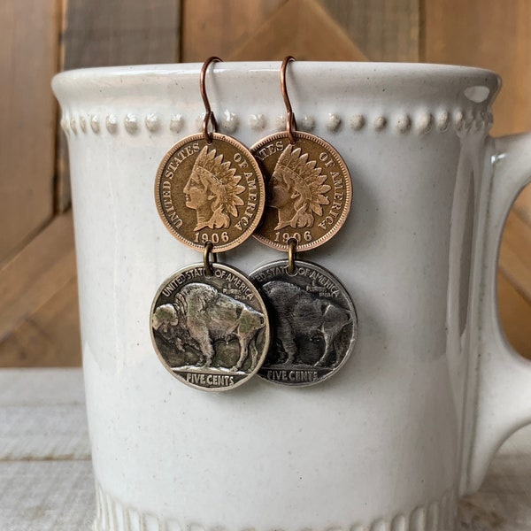 Rustic Coin Earrings, Buffalo Nickel Indian Head Penny Earrings, Buffalo Bills Fan, Statement Jewelry, Southwest Style