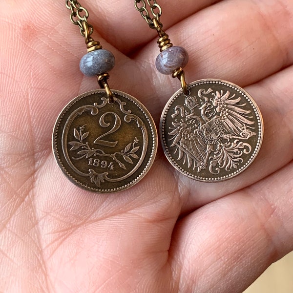 Vintage Austrian Coin Necklace, Two Heller Coin Pendant, 2nd Anniversary Gift, Jasper Bead, Bronze Jewelry