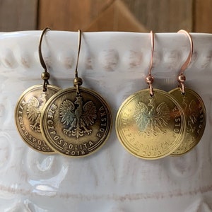Poland Groszy Coin Earrings, Polish Bird Coin, Copper Silver Disc Earrings, Travel Souvenir, Wanderlust