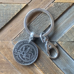Llavero de moneda mexicana, Cultura Maya, Keyfob de moneda indígena nativa, Llavero de plata, Regalo para él