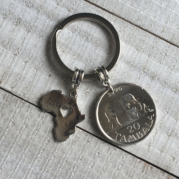 Africa Elephant Coin Keychain, Malawi, Africa Charm, Silver Keyring, 1996, Missionary Gift, Travel Souvenir, Wanderlust