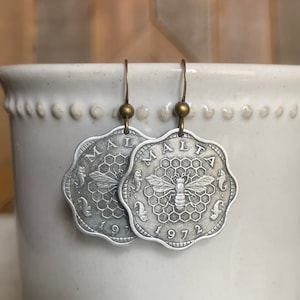 Maltese Bee Coin Earrings, Bee Themed Jewelry, 1972 3 Mils Coin Malta, Homesteader Gift, Bee Keeping