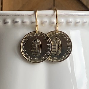 Hungary Forint Coin Earrings, Gold Disc Earrings, Hungarian Heritage, Travel Souvenir, Wanderlust