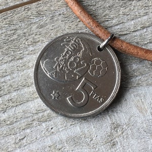 Spain Coin Leather Pendant, 1982 Soccer World Cup, Men&#39;s Leather Choker Necklace, Men&#39;s Accessories, Gift for Him, Father&#39;s Day