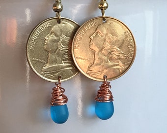 French Coin Dangle Earrings, Gift from France, Boho Jewelry, Marianne Coin, Gift for Her