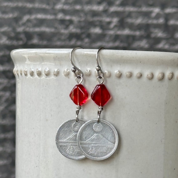 Japanese 1 Sen Coin Dangle Earrings  Mt. Fuji  Red Bead