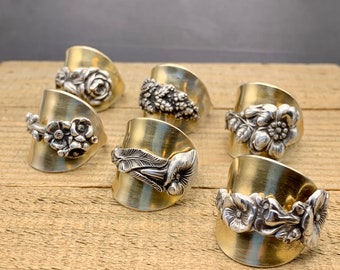 Harlequin Spoon Ring, Sterling Silver, Gold Gilded, Gold Wash Bowl, Delicate Floral Spoon Ring, Reed and Barton