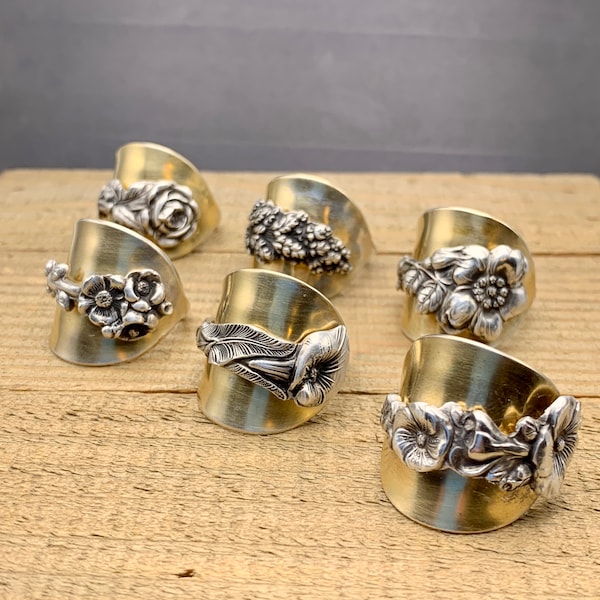 Harlequin Spoon Ring, Sterling Silver, Gold Gilded, Gold Wash Bowl, Delicate Floral Spoon Ring, Reed and Barton