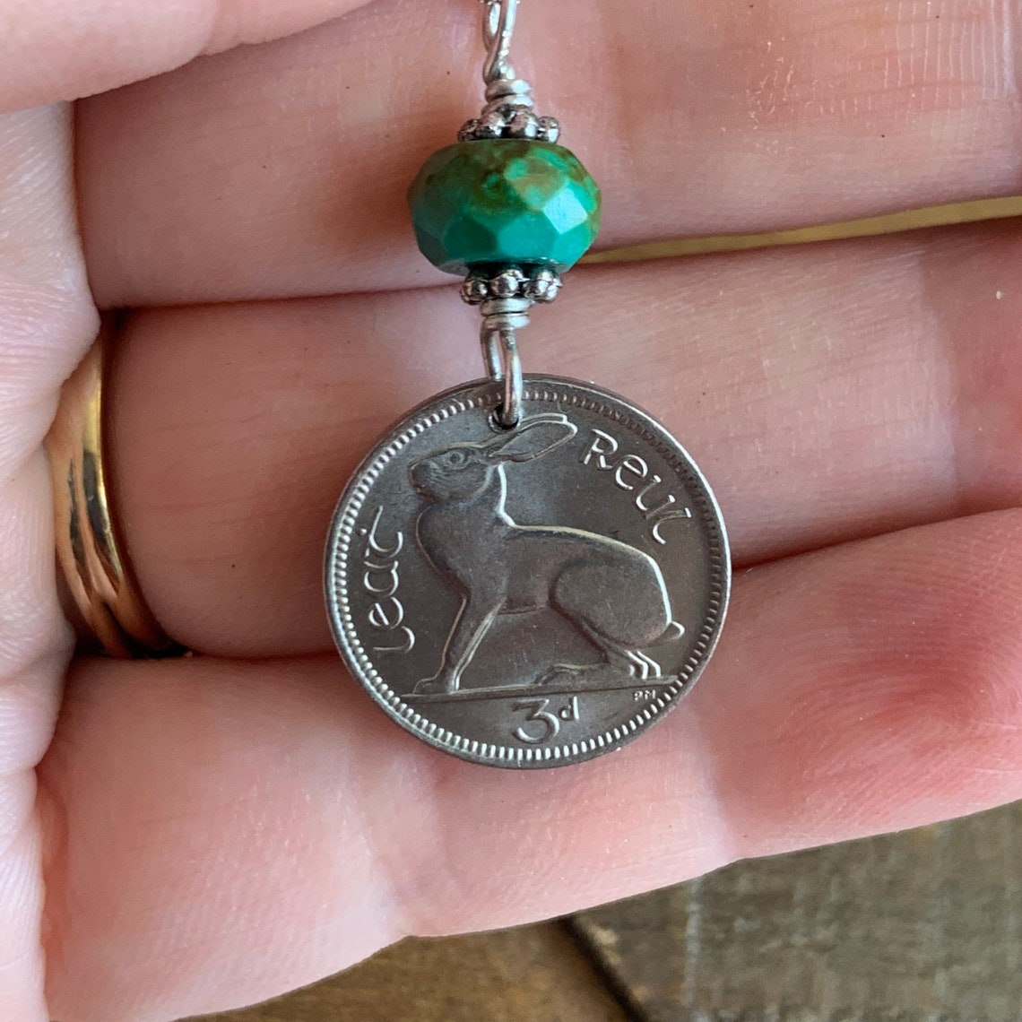 Irish Three Pence Rabbit Coin Necklace, Turquoise Accent, Celtic ...