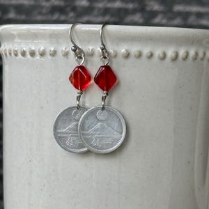 Japanese 1 Sen Coin Dangle Earrings Mt. Fuji Red Bead image 10