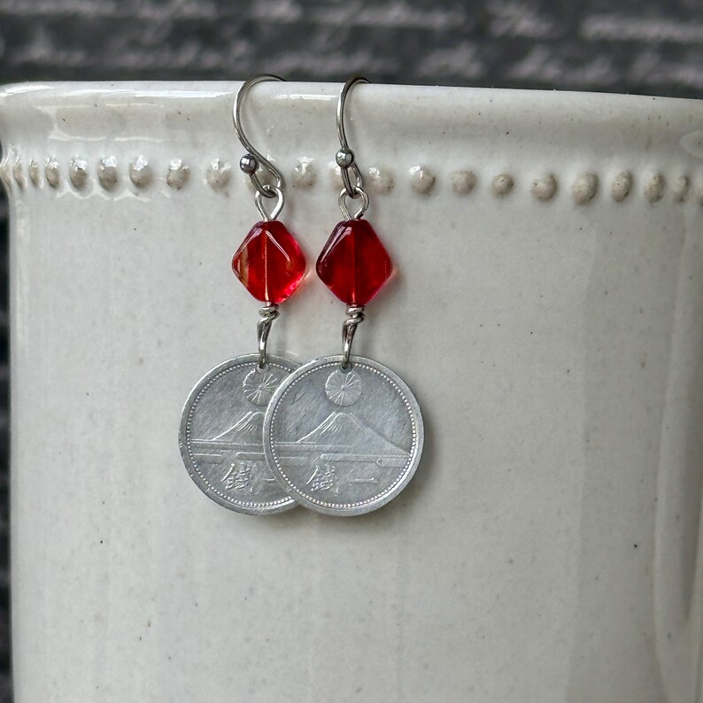Japanese 1 Sen Coin Dangle Earrings Mt. Fuji Red Bead image 10
