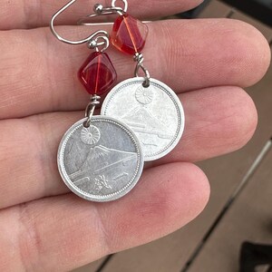 Japanese 1 Sen Coin Dangle Earrings Mt. Fuji Red Bead image 3