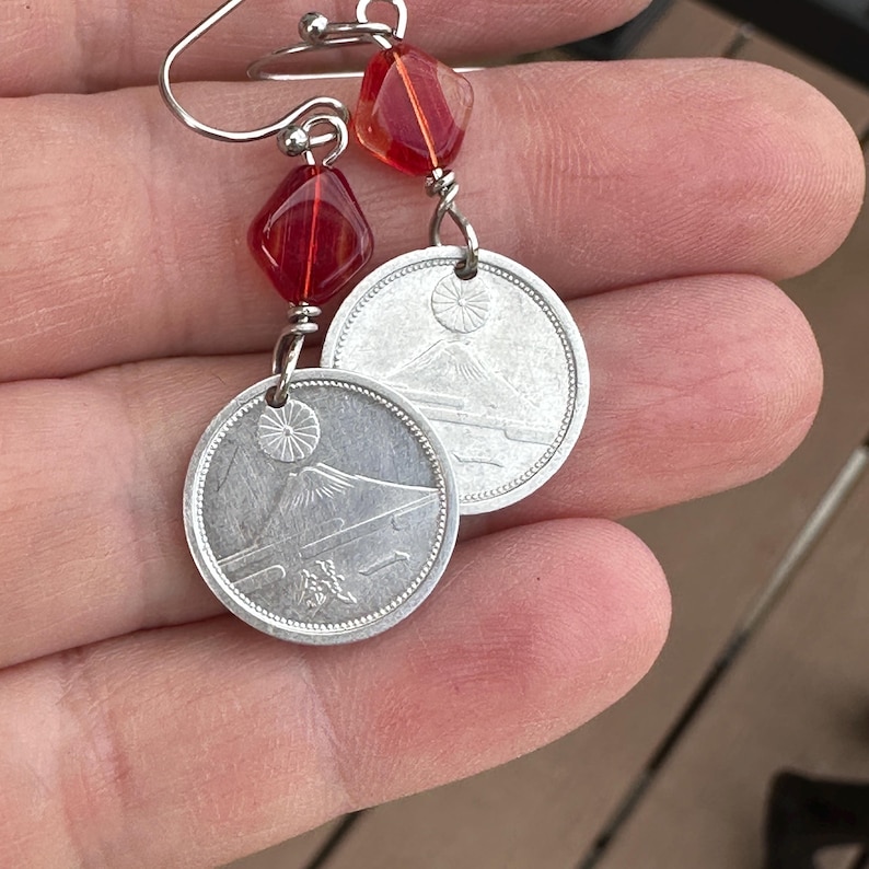 Japanese 1 Sen Coin Dangle Earrings Mt. Fuji Red Bead image 3
