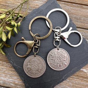 Vintage Two Shillings Keychain, United Kingdom, UK, British Coin Keyring, England Souvenir, Key Fob with Hook