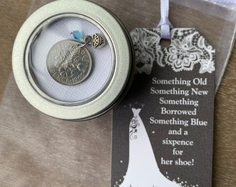 Bruiloft Sixpence Coin Bride Gift, Lucky Silver Sixpence Bouquet Charm, Keltische Ierse Sixpence Enkelbandje, Iets ouds, Nieuw, Geleend, Blauw