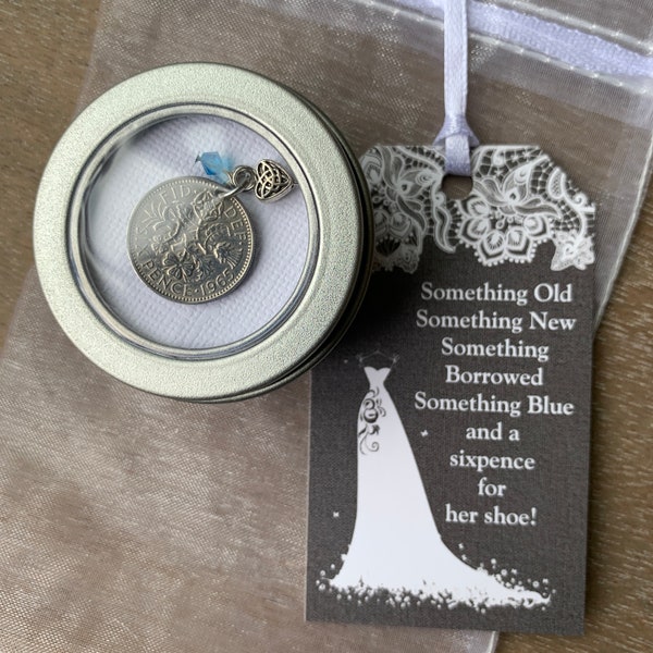 Wedding Sixpence Coin Bride Gift, Lucky Silver Sixpence Bouquet Charm, Celtic Irish Sixpence Anklet, Something Old, New, Borrowed, Blue