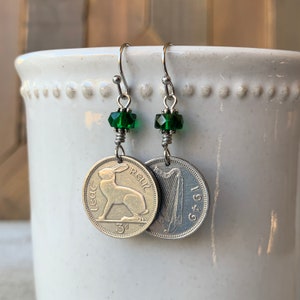 Vintage Irish Rabbit Coin Earrings, Ireland Celtic Jewelry, Eire Harp, Year of the Rabbit, Boho Jewelry, Dangle Earring, 3 Pingin, 1/2 Reul