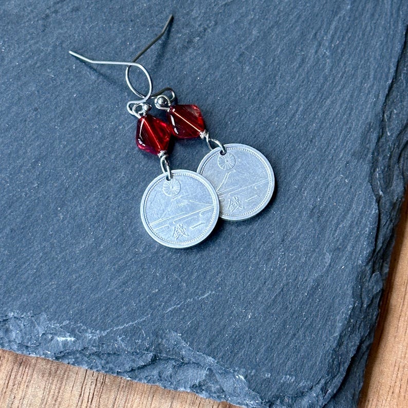 Japanese 1 Sen Coin Dangle Earrings Mt. Fuji Red Bead image 6