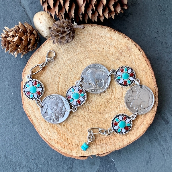 Vintage Buffalo Nickel Coin Bracelet, Southwest Style Jewelry, Enamel Charm Bracelet, Boho Hippie Gypsy Jewelry