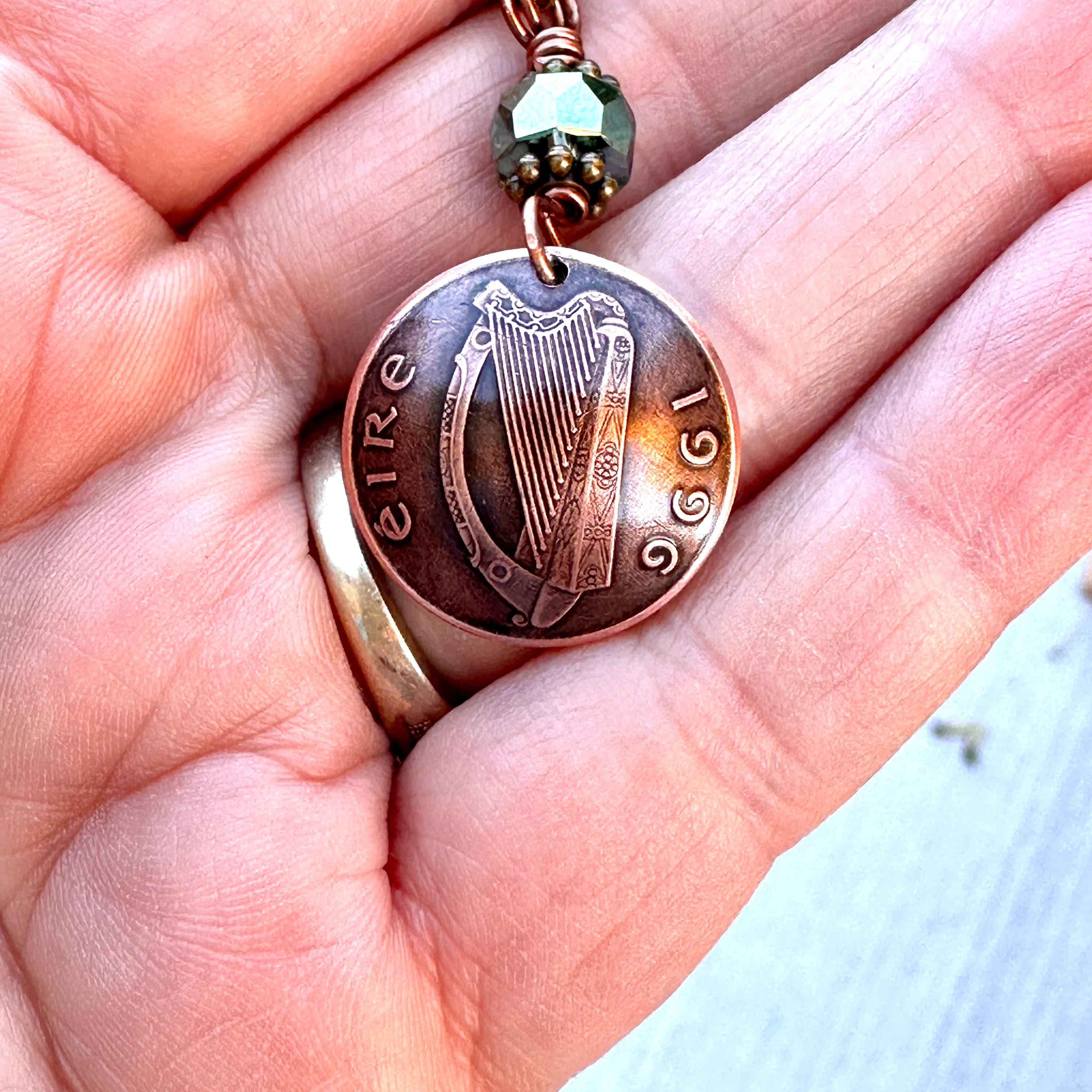 Authentic Irish Celtic Knot Harp & Bird Coin Charm Pendant Necklace