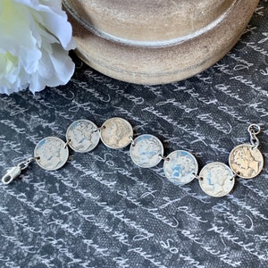 Mercury Dime Bracelet, 80th Birthday Gift, Pick Year, Custom Dime Bracelet, Vintage Silver Coin Jewelry, 75th Birthday Gift, Roman Mythology