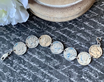 Mercury Dime Bracelet, 80th Birthday Gift, Pick Year, Custom Dime Bracelet, Vintage Silver Coin Jewelry, 75th Birthday Gift, Roman Mythology