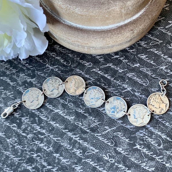 Mercury Dime Bracelet, 80th Birthday Gift, Pick Year, Custom Dime Bracelet, Vintage Silver Coin Jewelry, 75th Birthday Gift, Roman Mythology