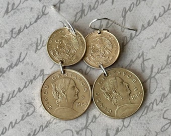 Mexican Coin Earrings, Vintage Jewelry, Upcycled Earrings, Two Toned Jewelry, Aretes de Mexico