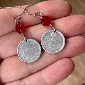 Japanese 1 Sen Coin Dangle Earrings Mt. Fuji Red Bead image 5