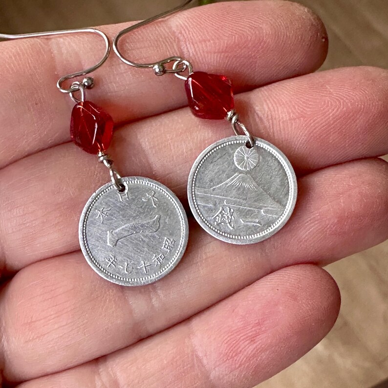 Japanese 1 Sen Coin Dangle Earrings Mt. Fuji Red Bead image 5