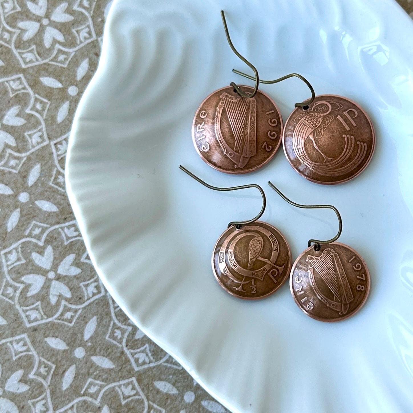 ケルト系アイルランドコインイヤリング、銅製ペニーダングル、聖パトリックデーギフト