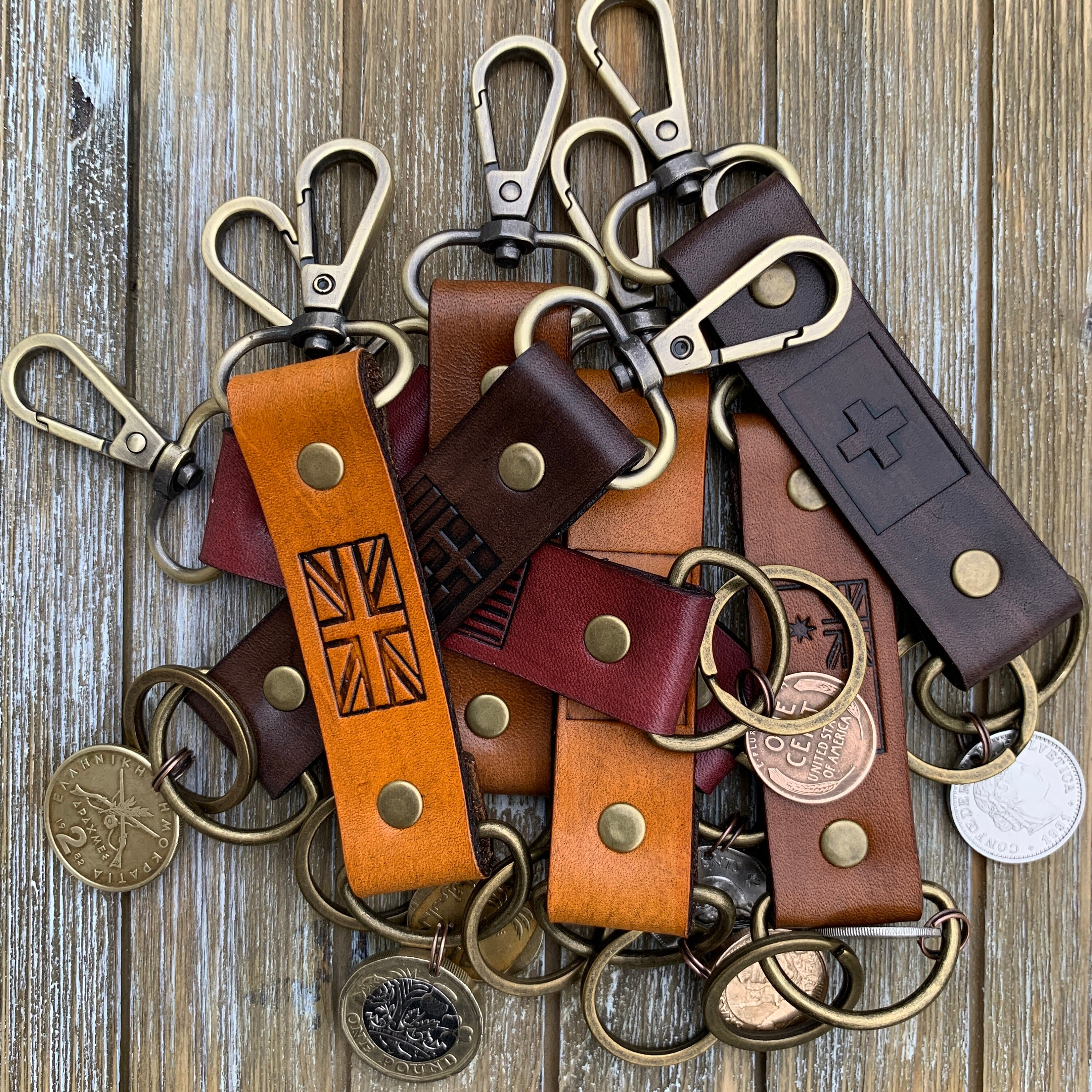 CUSTOM LEATHER KEYCHAIN with various 3D stamps, in six
