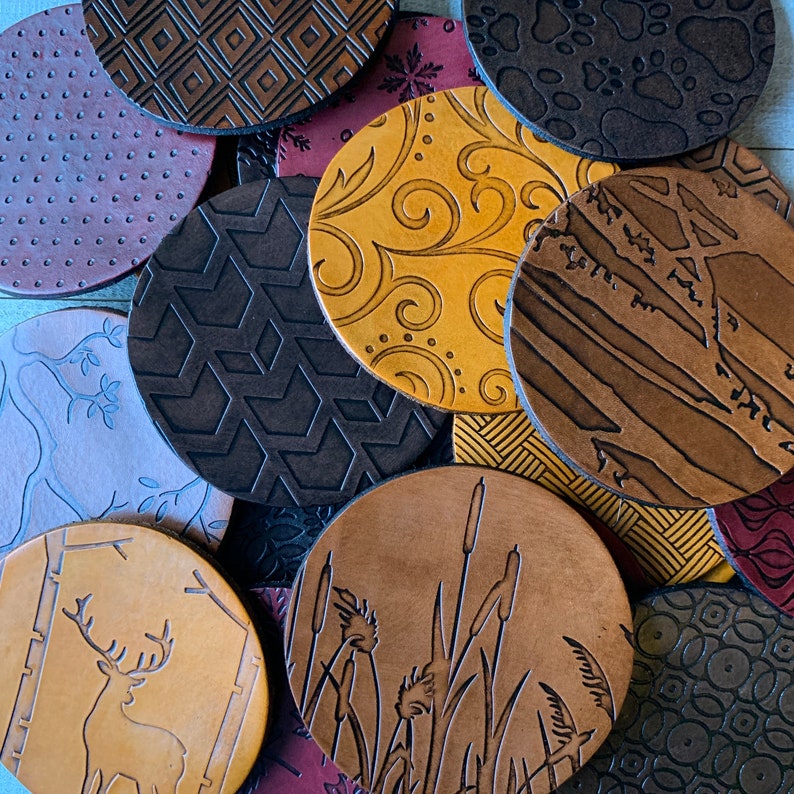 Botanical Leather Coasters, Leaf Floral Patterns, Wedding Gift, Custom Drink Coasters, Housewarming, Mix & Match image 7