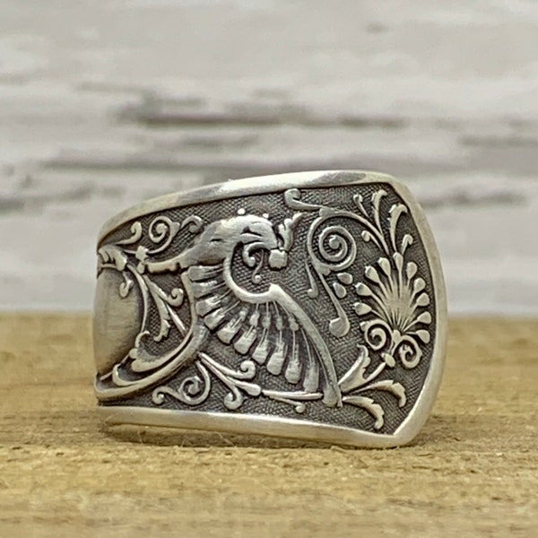 Vintage Dragon Spoon Ring, Sterling Silver, St George Pattern 1878, Dragon Jewelry