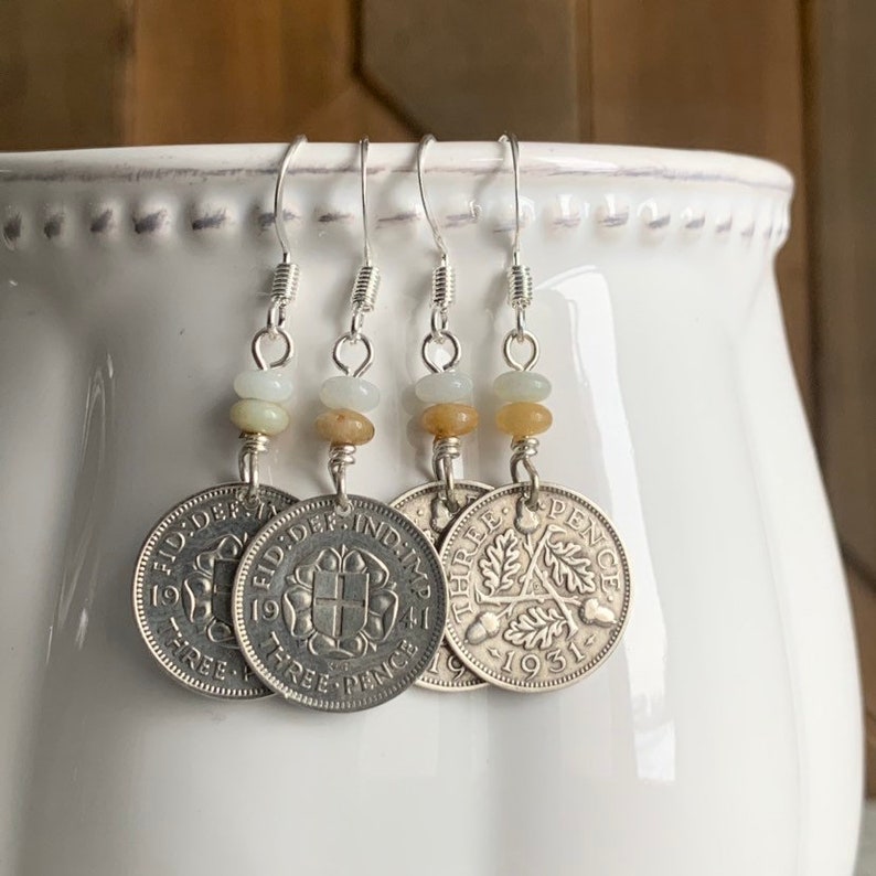 Silver Three Pence Coin Earrings Amazonite Beads British 3 Pence Coin Vintage Jewelry United Kingdom