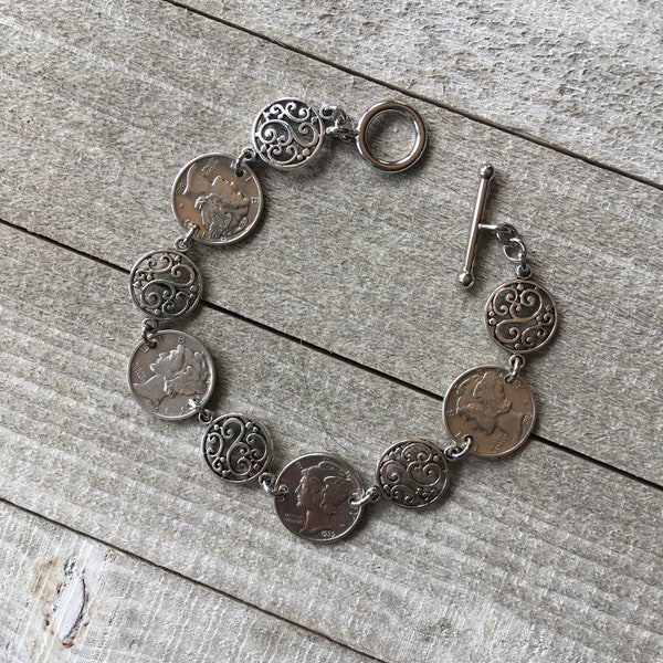 Mercury Dime Bracelet, 75th, 80th, 85th 90th Birthday Gift, Sterling Silver Jewelry, Vintage Coin