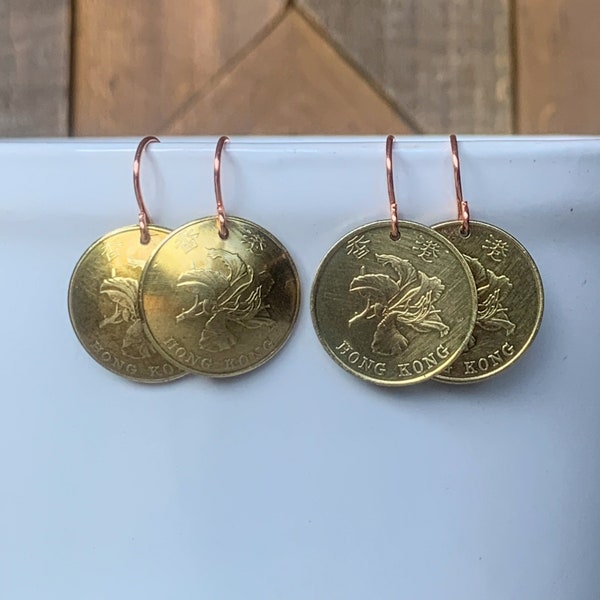 Hong Kong Coin Earrings, Orchids, Brass Earrings, Travel Souvenir, Wanderlust, Foreign Coin Jewelry