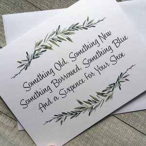 Sixpence Hochzeitstraditionskarte mit Münze, glückliches Sixpence Geschenk für die Braut, etwas Altes, Neues, Geborgtes, Blaues, Sixpence in ihrem Schuh