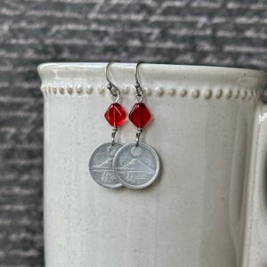 Japanese 1 Sen Coin Dangle Earrings Mt. Fuji Red Bead image 7