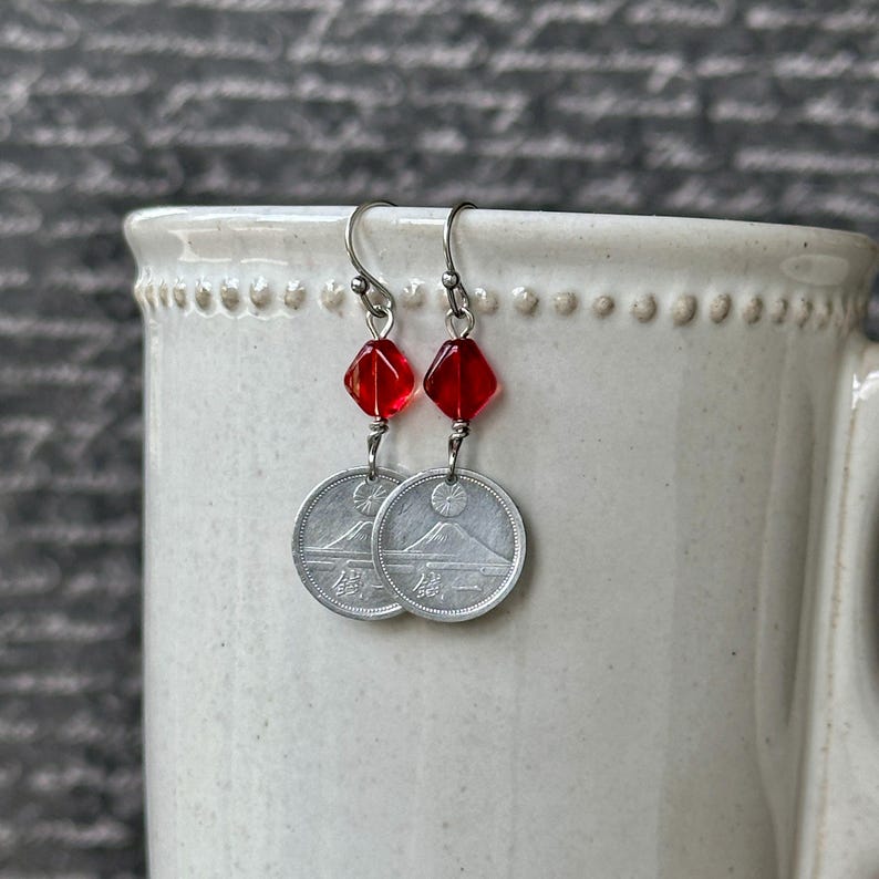 Japanese 1 Sen Coin Dangle Earrings Mt. Fuji Red Bead image 7