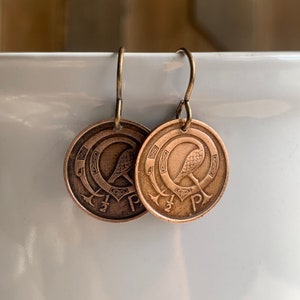 Celtic Irish Coin Earrings, Half Penny Minimalist Jewelry from Ireland, Copper Disc Dangle Earrings, St. Patrick's Day Gift