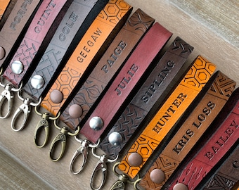 Personalized Leather Keychain, Custom Hand-Stamped Wristlet, Keychain with Hook, Gift for Him, Gift for Her