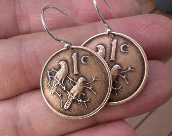 South African Sparrow Coin Earrings, Copper Disc Dangle, Aviary Bird Theme, Gifts Under 20