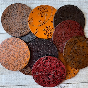 Botanical Leather Coasters, Leaf Floral Patterns, Wedding Gift, Custom Drink Coasters, Housewarming, Mix & Match image 1