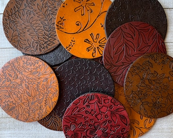 Botanical Leather Coasters, Leaf Floral Patterns, Wedding Gift, Custom Drink Coasters, Housewarming, Mix & Match