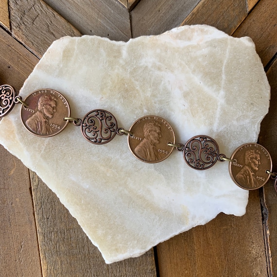 Braccialetto in rame Lincoln Cent Lucky Penny Coin Wire Work Braccialetto in rame Lincoln Cent Lucky Penny Coin Wire Work