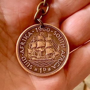 South African Ship Coin Keychain, Nautical Theme Gift, 7th Wedding Anniversary, Copper Keyring, Suid Afrika