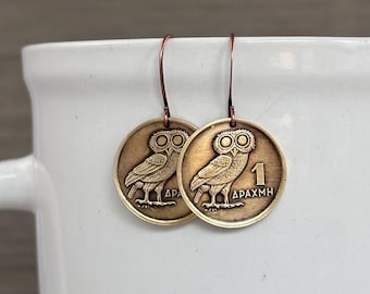 1973 Drachma Owl Coin Earrings Greek Mythology Souvenir Sterling Silver Option