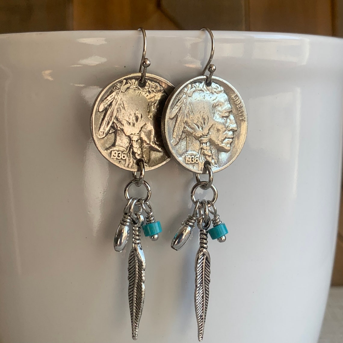 Buffalo Nickel Earrings Statement Coin Earrings Turquoise Etsy