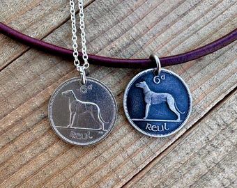 Irish Wolfhound Necklace, Sixpence Reul Coin, Celtic Jewelry, Ireland Souvenir